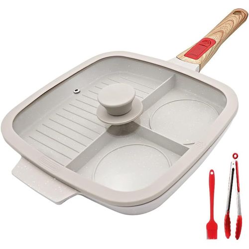 KALANKA-Poêle Grill avec Poignée Amovible et Couvercle, Poêle Antiadhésive 3 en 1 en Aluminium Skillet Gril Carrée pour Tous Feux Dont Induction - Blanc