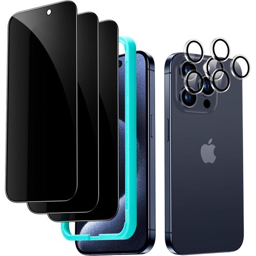 KAL-Verre Trempé Anti-Espion Pour Iphone 15 Pro Avec Caméra Arrière Protecteur, Contenir 3 Protection Écran Et 2 Protection Objectif Caméra Individuel, Bords Micro-Incurvés, Installation Facile