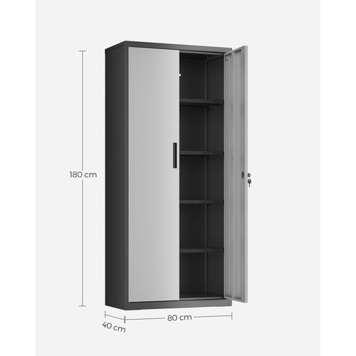 Armoire de classement multi-usages, 5 niveaux, double porte, serrure à outils, étagères réglables, garage, bureau, salon, argenté/noir