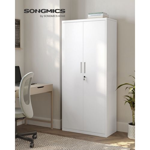 Meuble De Rangement Bureau, En Acier, Placard, Avec 5 Étagères, Doubles Portes, Serrure, Armoire À Outils, Blanc Grisâtre
