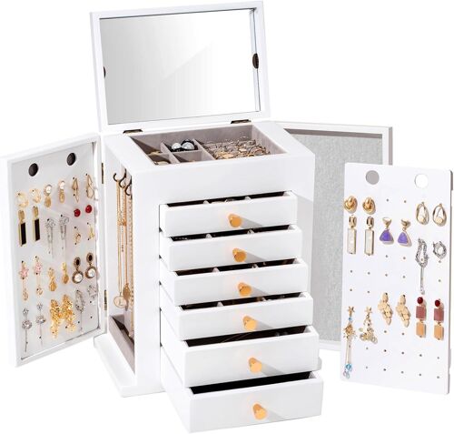Jexnovashop-Procase Grande Boîte À Bijoux En Bois 7 Compartiments, Rangement Bijoux Avec Miroir, Coffret Bijoux Pour Boucle D¿Oreille Collier Bague -Blanc
