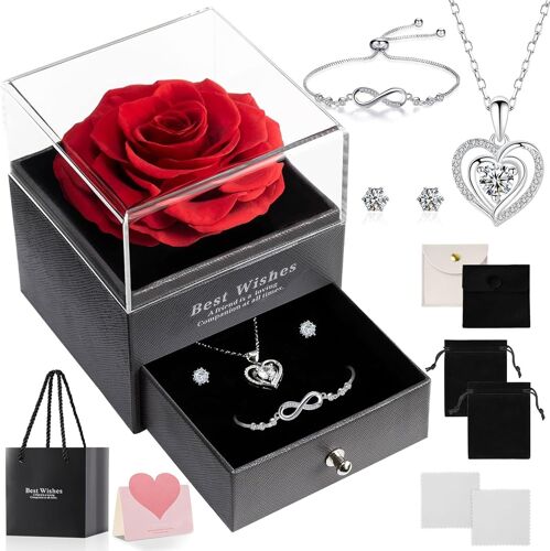Véritable Rose Éternelle avec Collier, Boucles d'Oreilles, Bracelet, Boîte Cadeau à Roses pour Saint-Valentin, Anniversaire de Mariage pour Elle, Petite Amie
