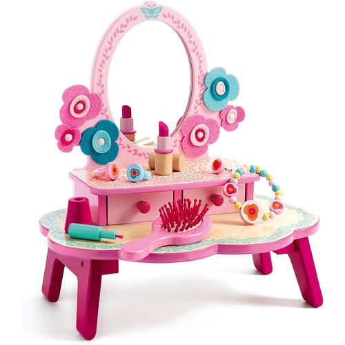 Coiffeuse En Bois Flora Rose, Dès 4 Ans - Jeux D'imitation & Créativité - Montage Facile - 1 Coiffeuse Avec Tiroirs, 1 Miroir, 7 Accessoires Beauté En Bois - L28.5 X L18.7 X H29.7cm