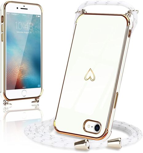 Coque pour iPhone 8 avec Collier Coque iphone 7 Silicone avec Motif Coeur d'amour Mignon Etui Housse avec Cordon Tour de Cou Lani¿¿re en Corde pour iphone 7/8/SE2020/2022 (Blanc)