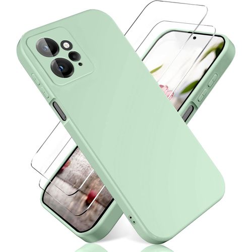 Coque Tpu Souple Liquide Compatible Redmi Note 12 4g + 2 Verres Trempés - Doublure Microfibre, Bords Surélevés, Couleur Vert Menthe