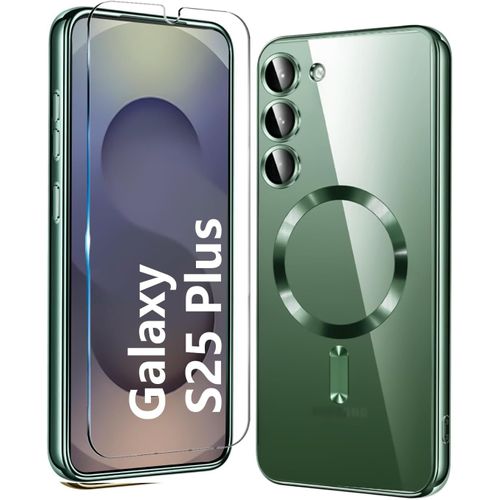 Coque Magnétique Magsafe Pour Samsung Galaxy S25 Plus - Housse Antichoc 360° 3-En-1 Avec Verre Trempé 9h Et Protecteur Objectif, Tpu Transparent Vert