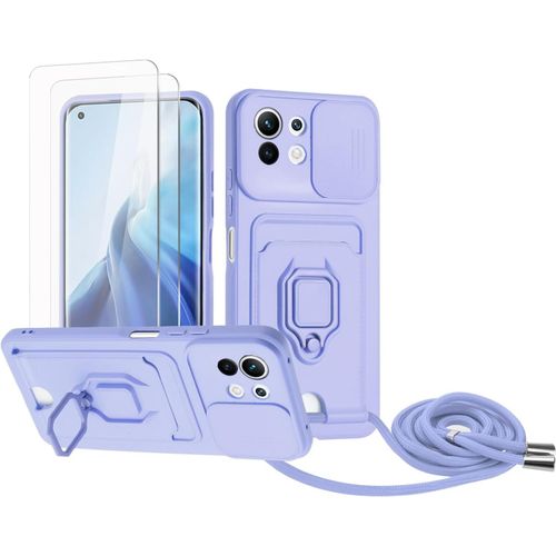 Coque Tpu Antichoc Compatible Xiaomi Mi 11 Lite 4g/5g / Mi 11 Lite 5g Ne ¿ Cordon Tour De Cou, 2 Verres Trempés, Fente Carte, Cache Caméra Coulissant, Anneau 360° Violet