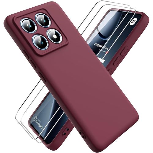 Coque Souple En Silicone Liquide Pour Xiaomi 14t Pro + 2 Films Verre Trempé - Antichoc, Anti-Rayures, Doublure Microfibre, Bordeaux