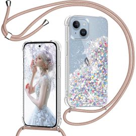 Coque Silicone Transparente Pailletée Pour Iphone 14 (6,1'') ¿ Cordon Tour De Cou Réglable Et Chaîne Amovible, Protection Renforcée, Or Rose