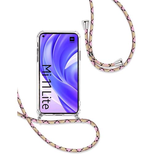 Coque Silicone Transparente Pour Xiaomi Mi 11 Lite 4g/5g Avec Lanière Tour De Cou Réglable - Protection Renforcée Coins Airbag, Noir/Rose/Abricot