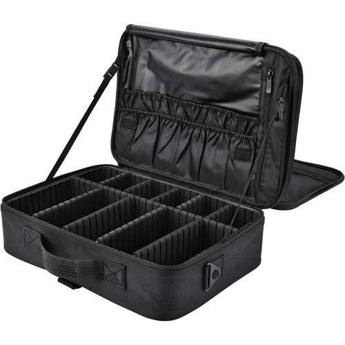 KALANKA-Trousse de Maquillage Grande Sac Maquillage Voyage Trousse Toilette Makeup Bag Oxford Tissu Mallette à Ongles Rangement Maquillage avec 2 Couche y Bandoulière Beauté Case Professionel, Noir