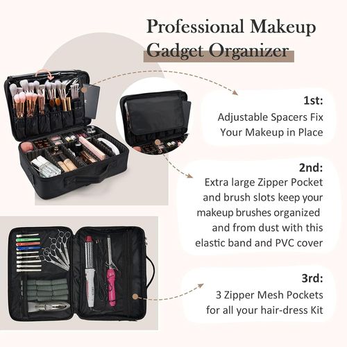 Trousse de Maquillage Grande Sac Maquillage Voyage Trousse Toilette Makeup Bag Oxford Tissu Mallette à Ongles Rangement Maquillage avec 2 Couche y Bandoulière Beauté Case Professionel, Noir