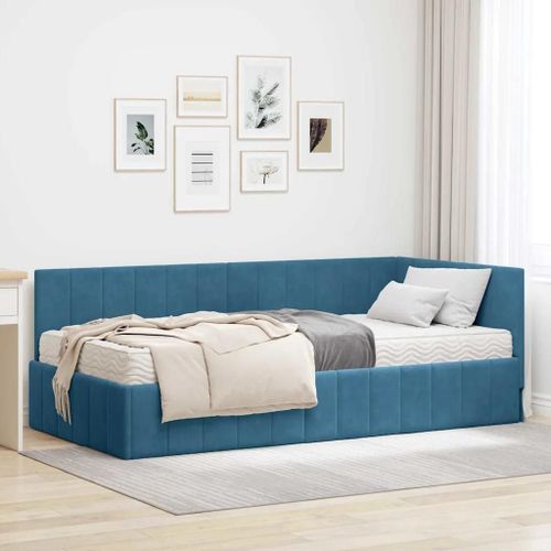Vidaxl Cadre De Lit D'angle Avec Matelas Bleu 90 X 190 Cm Velours