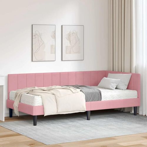 Vidaxl Cadre De Lit D'angle Avec Matelas Rose 100 X 200 Cm Velours