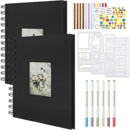 2 Pièces Noir Diy Album Photo Avec Autocollant Coloré, Noir Album Photo Scrapbooking Avec Pinceau, Petit Scrapbooking De Anniversaire, Cadeau À Spirale Pour Mariage Famille Voyage