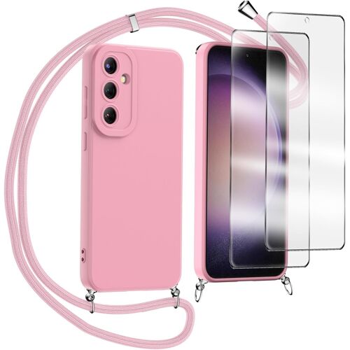 Coque Collier Pour Samsung Galaxy A15 5g,Avec Verre Trempé Protection Écran Silicone Tpu Housse Étui De Téléphone Avec Cordon Collier Tour De Cou Lanière Pour Samsung Galaxy A15 5g, Rose