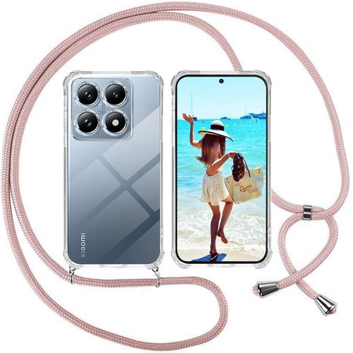 Coque Tpu Souple Transparente Pour Xiaomi 14t Pro - Lanière Réglable 1,5 M En Paracorde Rose, Coins Renforcés Anti-Choc