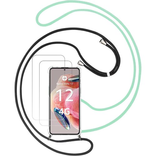 Coque Tpu Transparente Anti¿Choc Compatible Redmi Note 12 4g (6,67"") + 2 Cordons (Noir/Vert) + 2 Protège¿Écran Et Protection Caméra