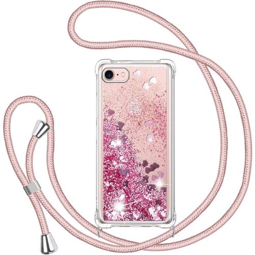 Cfus-Glitter Liquide Collier Coque Pour Iphone 7/8/Se 2020, Glitter Silicone Paillette Étui Protection Tpu Bumper Flowing Liquide Housse, Bling Transparent Case Avec Réglable Tour De Cordon -Rose