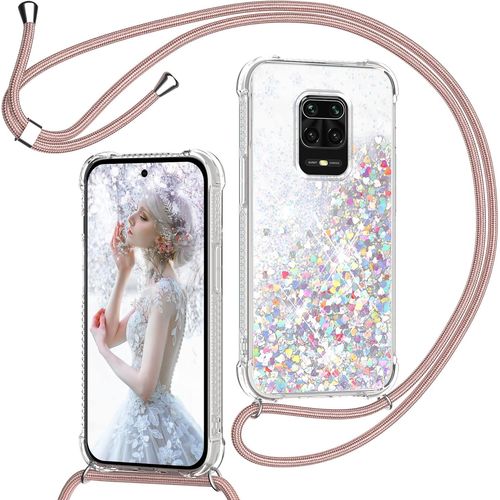 Coque Tpu Transparente Pailletée Pour Xiaomi Redmi Note 9s / Note 9 Pro / Note 9 Pro Max - Cordon Tour De Cou Détachable & Chaîne Or Rose, Coins Airbag Et Bords Surélevés