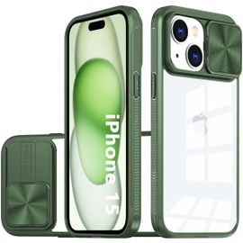 Coque Transparente Compatible Iphone 15 Protection Caméra Coulissante Hybride Tpu+Pc Antichocs Antirayures Anti-Empreintes Vert