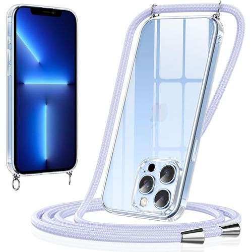 Coque Iphone 13 Pro Max - Gel Silicone Tpu Transparent Bumper Avec Cordon Lanière Réglable 160 Cm Violet
