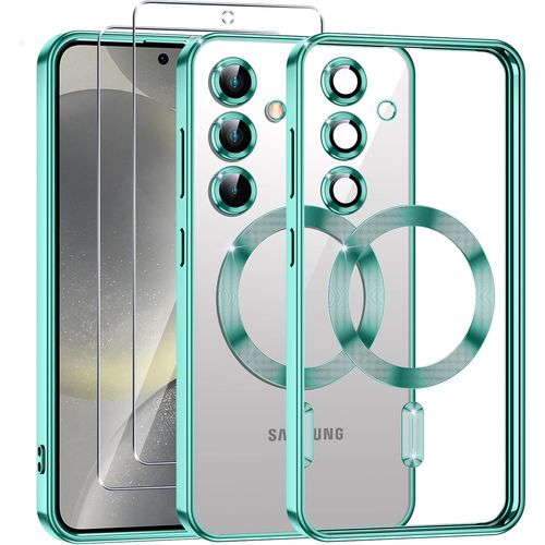 Coque Magnétique Transparente Pour Samsung Galaxy S24 5g ¿ 2 Verres Trempés Inclus, Compatible Magsafe, Anti-Rayures Et Antichoc, Ultra-Fine, Verte