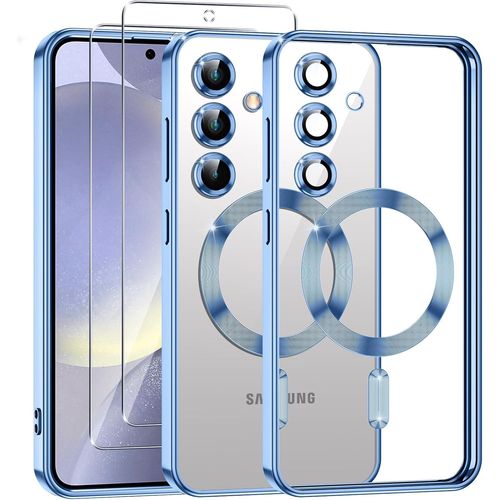 Coque Magnétique Transparente Pour Samsung Galaxy S24 5g - Mince, Antichocs Et Anti-Rayures, Compatible Magsafe, Avec 2 Verres Trempés Et Protection Caméra, Bleu