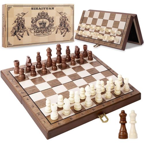 Jeu D'échecs Magnétique En Bois De 29,2 Cm-Planche D'échecs Pliable,Ensemble D'échecs Portable Pour Voyage,Design Compact Avec Pièces Magnétiques,Extra Queen Inclus-Idéal Pour Les