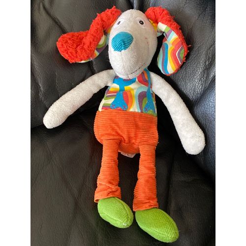 Peluche doudou Antoine le chien ebulobo gris orange et vert oreilles rouge hochet 28cm