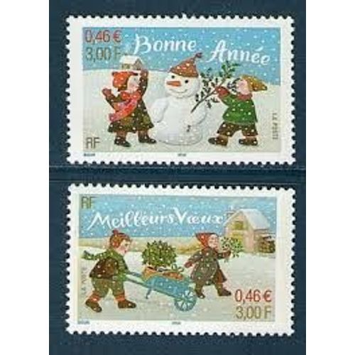 "Bonne Année" Et "Meilleurs Voeux" Enfants Jouant Dans La Neige La Paire Année 2001 Autoadhésifs N° 3439 3440 Ou 31 32 Yvert Et Tellier Luxe
