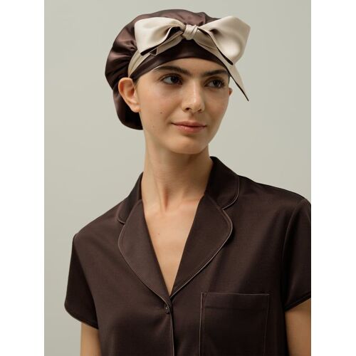 Lilysilk Bonnet Nuit Soie Réversible Rubans Ajustables Chocolat-Marron-Doré Taille Unique