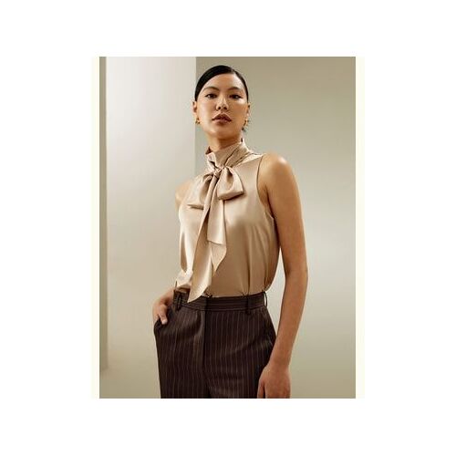 Lilysilk Blouse En Soie À Col Noué Sans Manches Coupe Décontractée Soie Charmeuse Texture Luxueuse Style D'affaires Chameau Clair Petite Xs