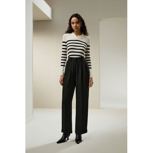 Lilysilk Pull Laine Mérinos Ultrafine Rayé Blanc/Noir Xs - Coupe Ajustée Col Châle