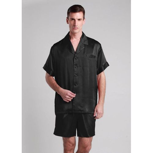Lilysilk Pyjama Court Soie Homme Noir S - Ensemble Luxe 100% Soie De Mûrier, Short Élastique, Boutons Recouverts De Soie