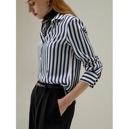 Lilysilk Chemise En Soie Fine Rayures Audacieuses Classiques Soie Charmeuse Facile À Assortir Moderne Fines Rayures Bleu-Blanc Petite S