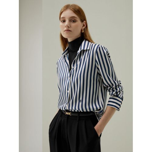 Lilysilk Chemise En Soie Douce Coupe Régulière Soie De Haute Qualité Légèreté Luxueuse Minimaliste Fines Rayures Bleu-Blanc Petite M