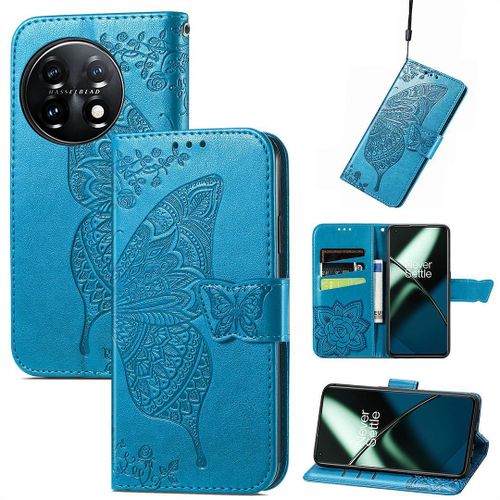 Saturcase Coque Pour Oneplus 11, Papillon Fleurs Pu Cuir Magnétique Flip Portefeuille Support Porte-Carte Protecteur Housse Étui Avec Dragonne Pour Oneplus 11 (Hf-Bleu)
