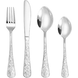 Subzonal-Ensemble De Couverts Vintage En Argent Sculpté 24 Pièces Pour 6 Personnes, Vaisselle En Acier Inoxydable Avec Couteau/Fourchette/Cuillère, Ensemble De Couverts Pour La Maison Et La Cuisine