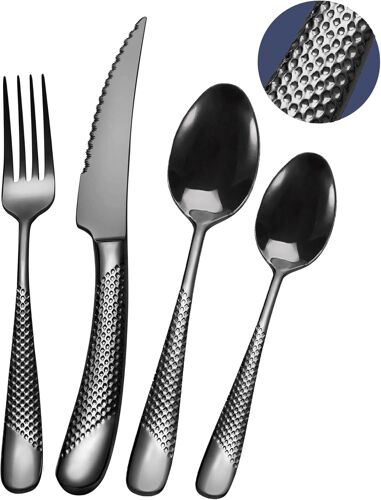 Senior-Ensemble De Couverts Modernes 24 Pièces, Noir Martelé Couteaux Dentelés 2-En-1 Ultra-Tranchants, Service En Acier Inoxydable 18/10 Set Pour 6 Personnes, Couteaux, Fourchettes, Cuillèr[L1410]
