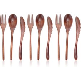 Subzonal-9pcs Cuillères En Bois Fourchette Couteau Kit, Cuillere En Bois,Ensemble De Couverts En Bois,Ensemble De Couverts Réutilisable,Ustensiles De Cuisine, Couverts En Bois Réutilisables De Style