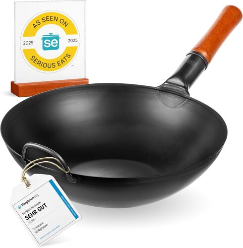 Jexnovashop-Woks Et Poêles À Frire 34 Cm À Fond Plat Pré-Assaisonné Chinois Traditionnel - Wok Acier Carbone Noir Pour Induction, Plaques Électriques, Gaz, Feu Ouvert - Pour Sauté, Barbecue Et Campin