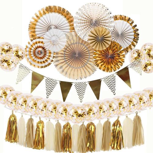 2025 - Décorations de fête dorées et blanches : 8 fleurs en papier, 20 ballons confettis, bannière