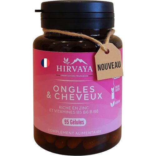 Complément Cheveux & Ongles - Biotine, Zinc, Vitamines B5, B6 & B8 - Pousse Cheveux Rapide - Réduit Les Ongles Cassants - Femme & Homme - Hirvaya 