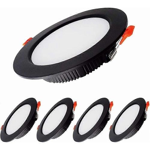Spot Led 7 W À Intensité Variable, Extra Plat, Noir, 230 V, Lot De 5, 700 Lm = 70 W, Incandescent, Ip44, Blanc Froid 6 000 K, Découpe 80-90 Mm, Rond, Encastré Au Plafond Pour Ba