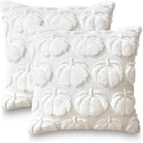 Cauc-Lot De 2 Housses De Coussin Décoratives D'automne 45 X 45 Cm - Motif Citrouilles Blanches - Décoration D'automne Pour L'intérieur, Voiture, Canapé, Chambre À Coucher, Salon