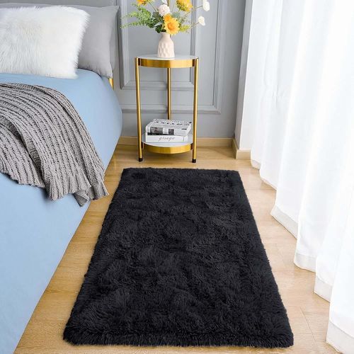 Sjzg-Grand Tapis Moderne À Poils Longs, Doux Et Antidérapant Pour Chambre À Coucher - Noir - 60 X 110 Cm