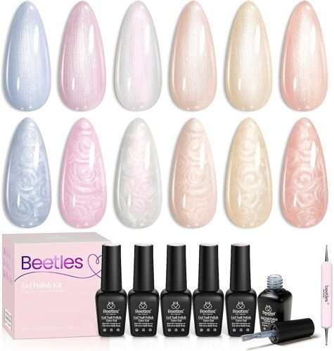 Beetles Perle Vernis Semi Permanent, Lot De Vernis À Ongles Gels 6 Couleurs Miroiter Sirène Blanc Rose Bleu Paillettes, Sèche Sous Lampe Uv/Led, Effet De Fil Coquille Tourbillon Manucure Kit