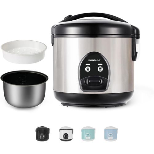 Cuiseur Riz (Rice Cooker) & Cuiseur À Vapeur Noir Avec Fonction De Maintien Au Chaud - 0,8 L Pour 2-5 Personnes - Revêtement Céramique Avec Insert Pour Cuiseur À Vapeur, Argenté
