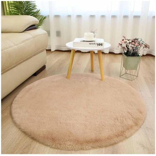 Sjzg-Tapis Rond À Poils Longs En Fausse Fourrure De Lapin Avec Dos En Cuir De Cerf Antidérapant Et Velours Moelleux À Poils Longs Pour Salon, Chambre D'enfant, Chambre À Coucher, Sable De Haricots